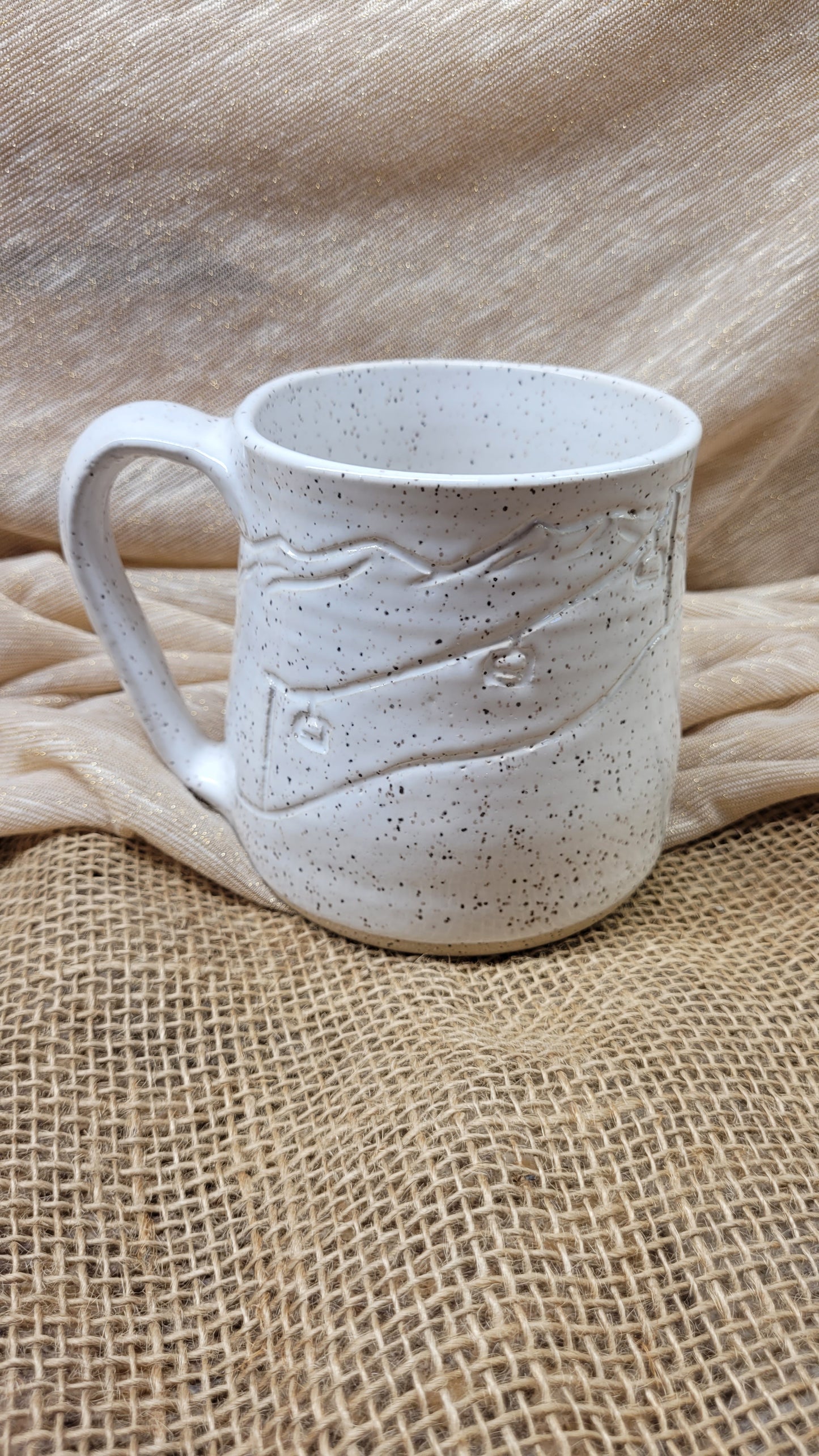 White Speckled Handcarved Ski Wheelthrown Mug #3 20oz