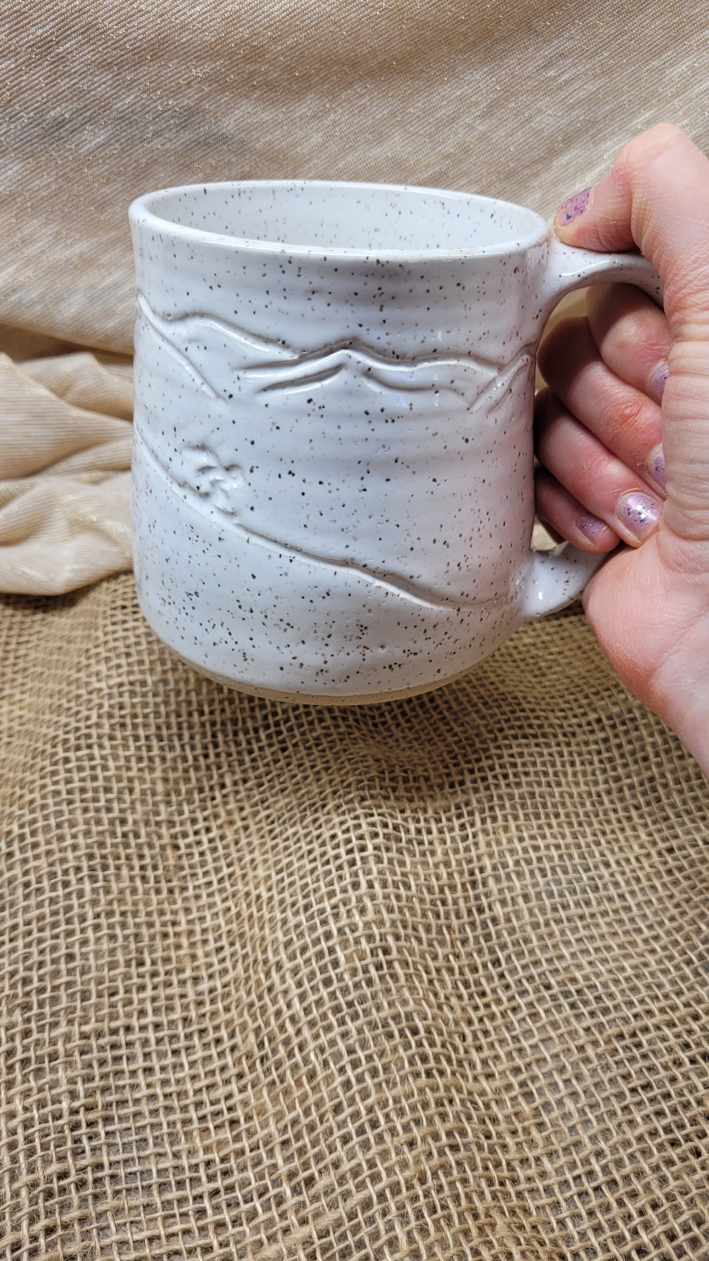White Speckled Handcarved Ski Wheelthrown Mug #3 20oz