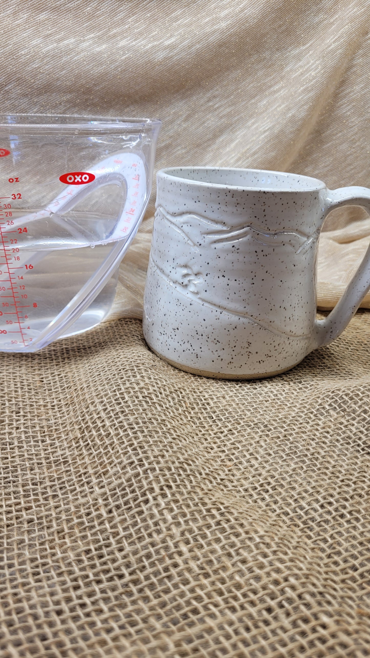 White Speckled Handcarved Ski Wheelthrown Mug #3 20oz