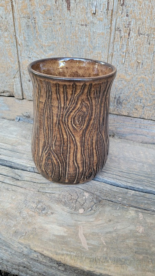 Rustic Brown Handcarved Wood Grain Wheelthrown Vase