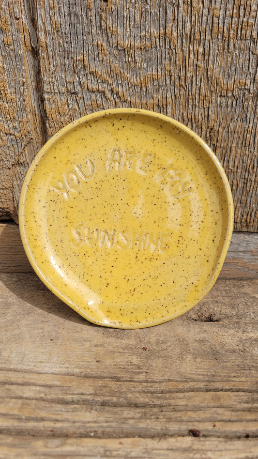 Yellow Speckled Handcarved You Are My Sunshine Wheelthrown Spoonrest