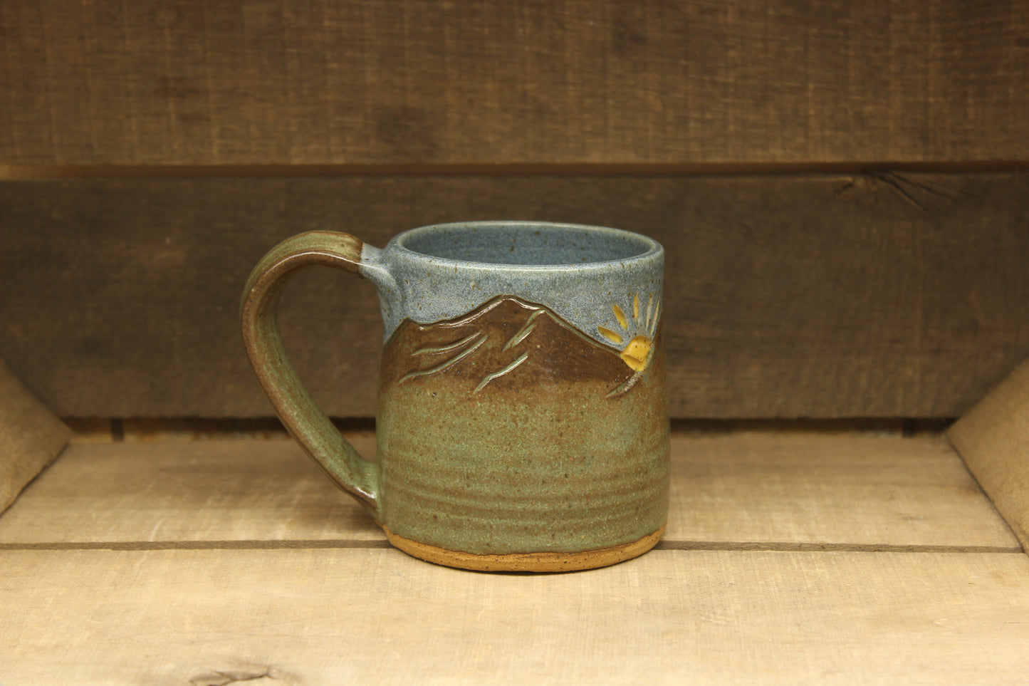 Green and Blue Mountain with Yellow Sunshine Mug 15oz