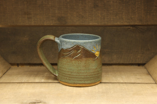Green and Blue Mountain with Yellow Sunshine Mug 15oz