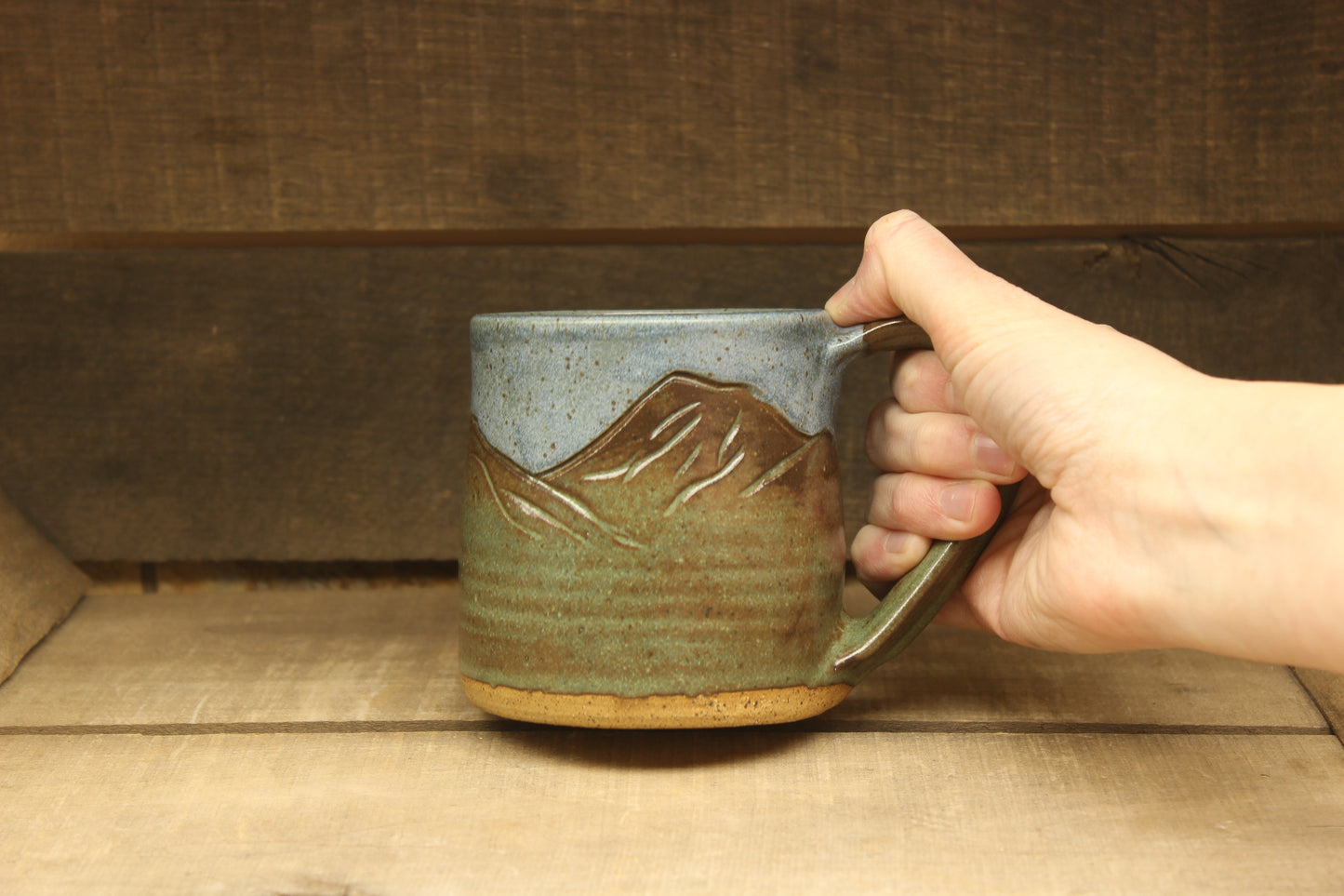 Green and Blue Mountain with Yellow Sunshine Mug 15oz
