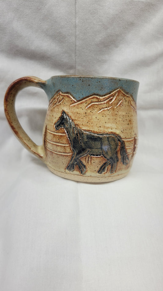 Handcarved Black Horse in the Mountains Wheelthrown Mug 16oz