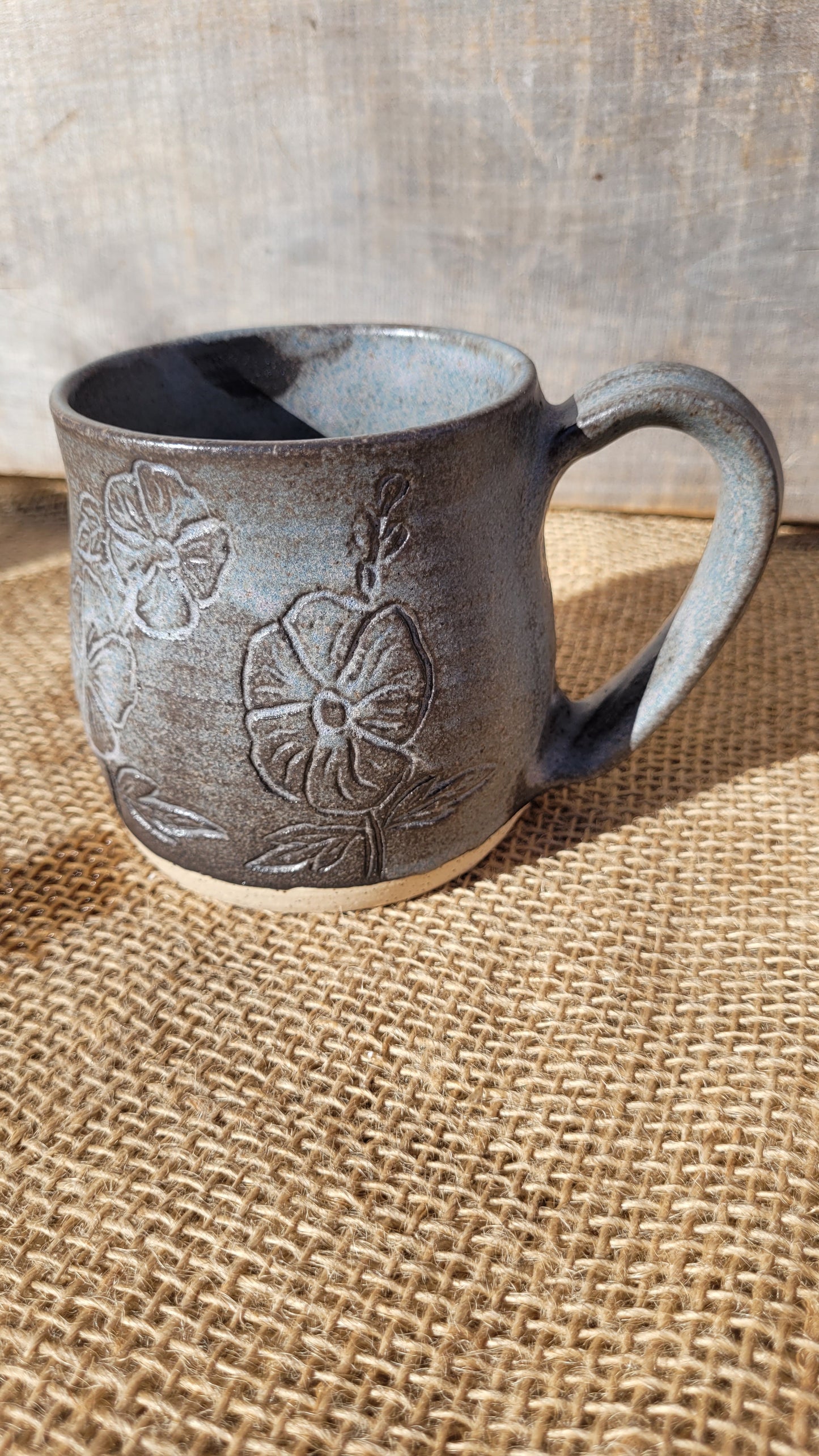 Slate Blue Handcarved Hollyhocks Wheelthrown Mug 14oz