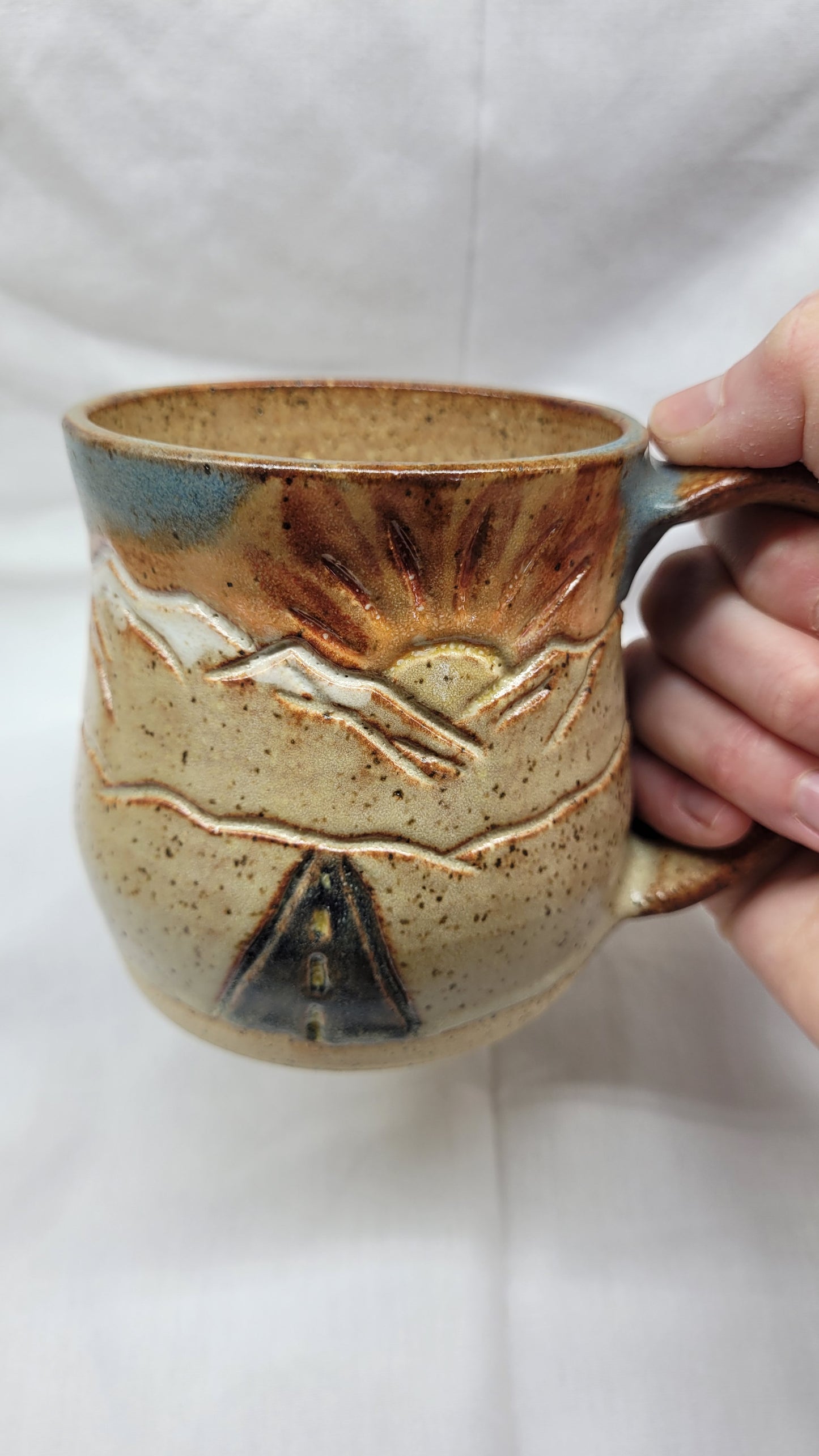 Handcarved Sunrise & Sunset Road to the Mountains Wheelthrown Mug 12oz