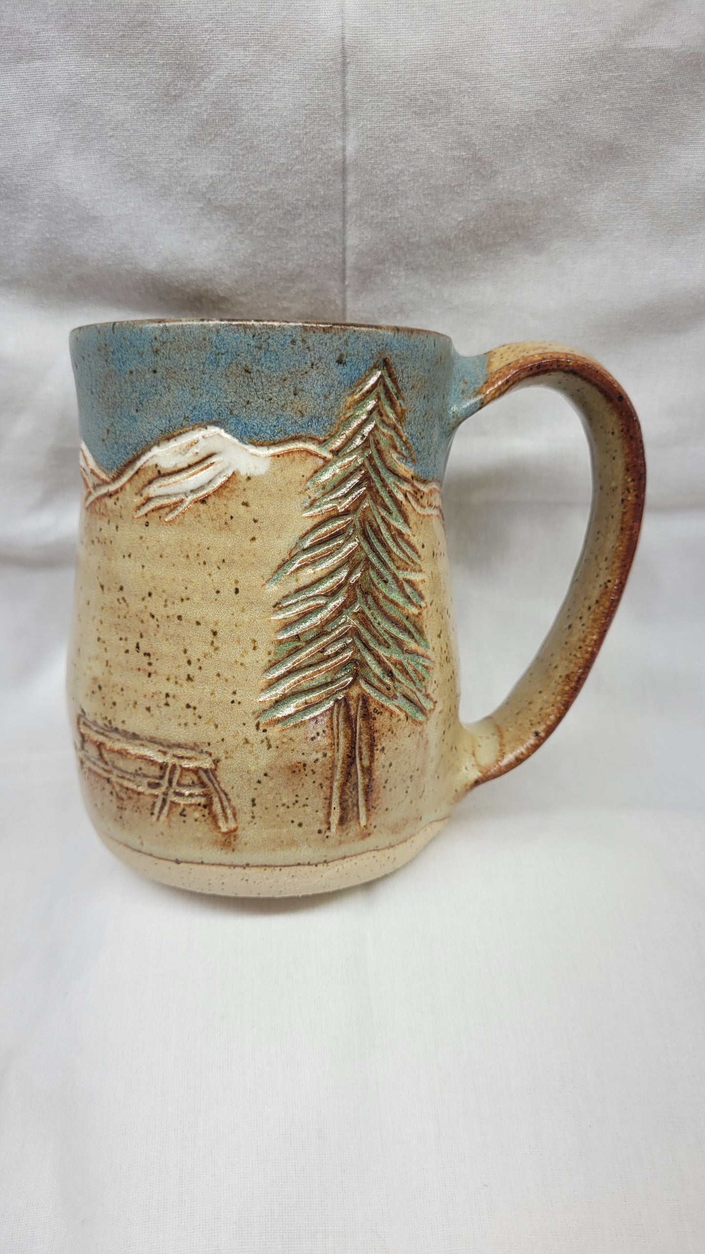 Handcarved Campsite in the Mountains Wheelthrown Mug 16oz