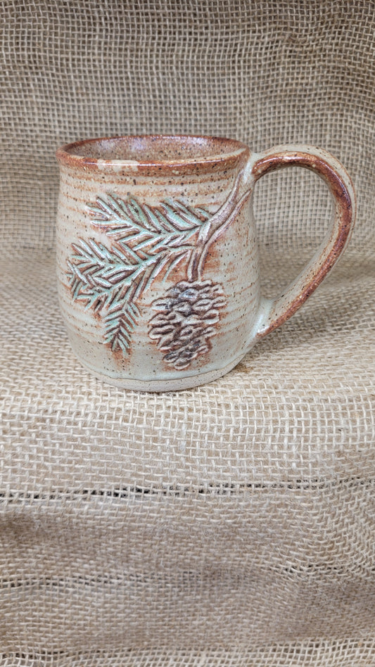 2nd - Handcarved Pine Bough Wheelthrown Mug 14oz #2