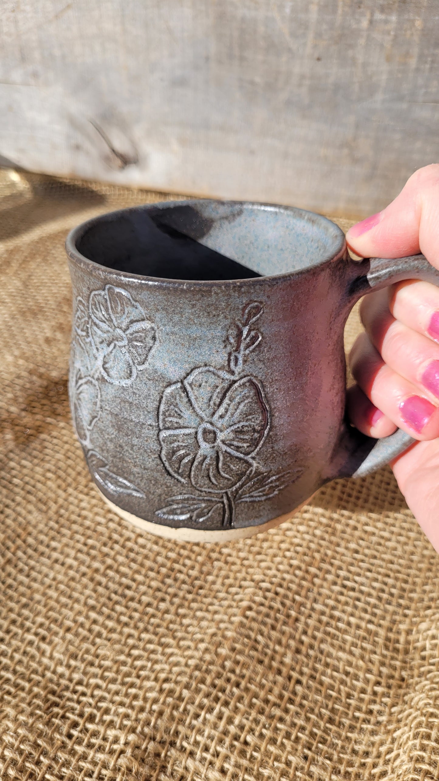 Slate Blue Handcarved Hollyhocks Wheelthrown Mug 14oz