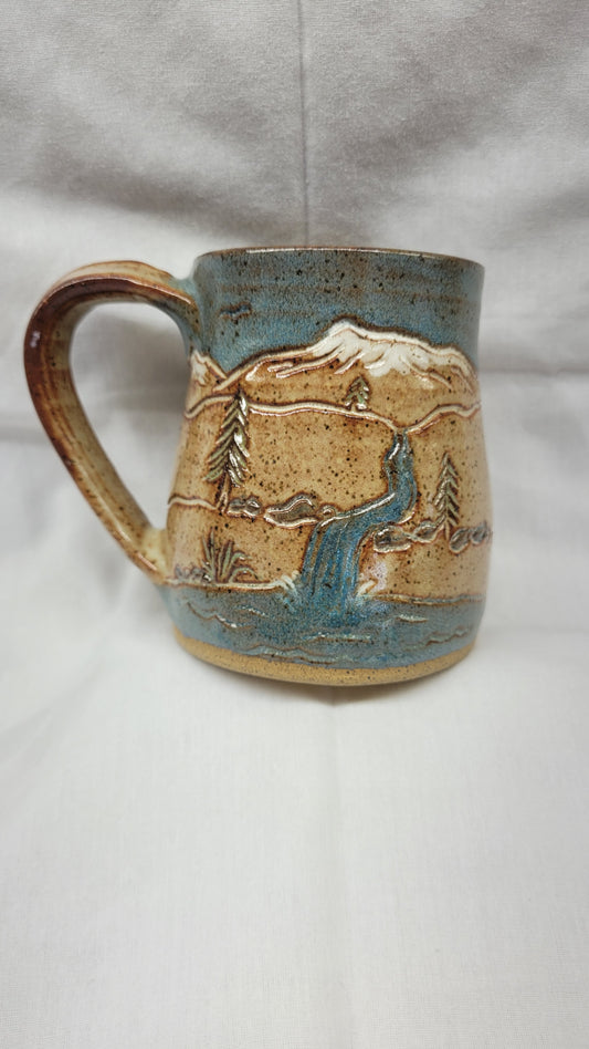 Handcarved Waterfall in the Mountains Wheelthrown Mug 13oz