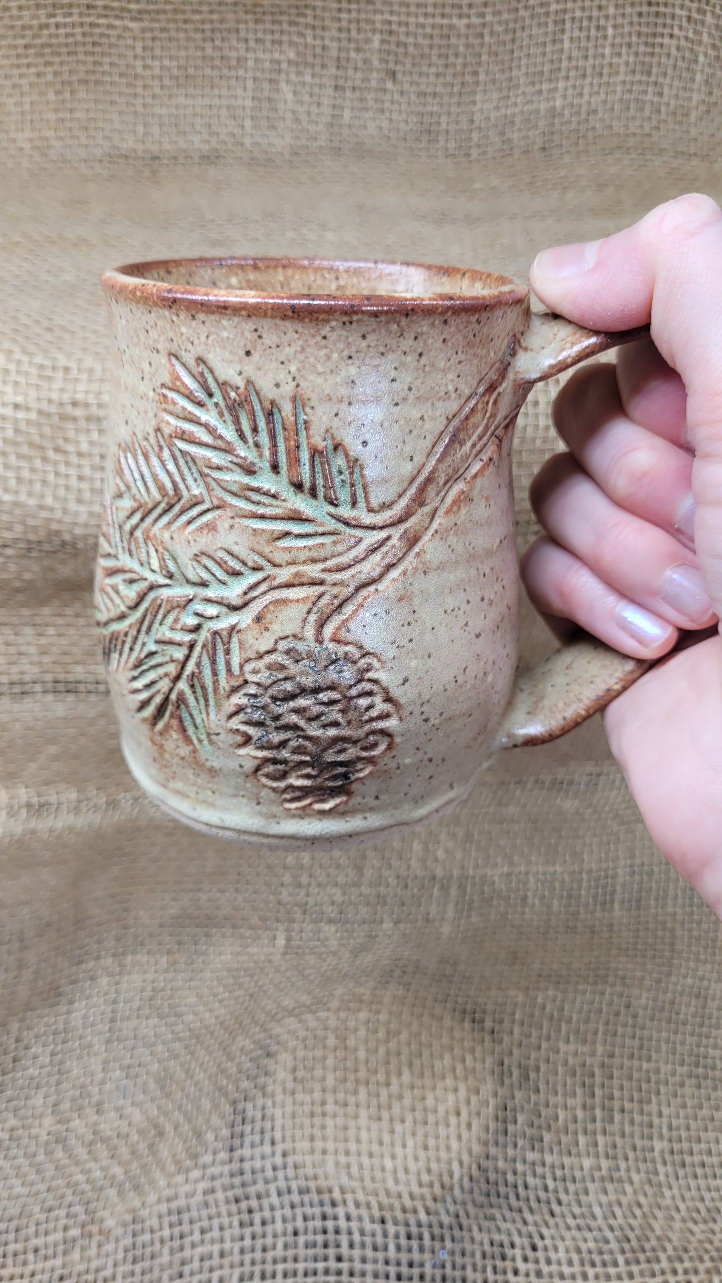 2nd - Handcarved Pine Bough Wheelthrown Mug 14oz #1