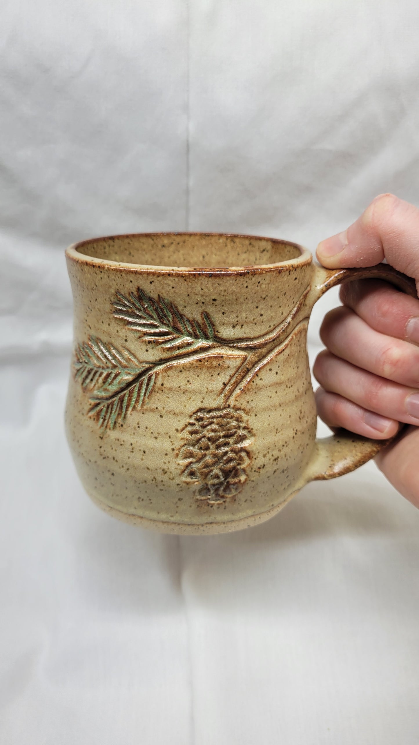 Handcarved Pine Bough Wheelthrown Mug 14oz