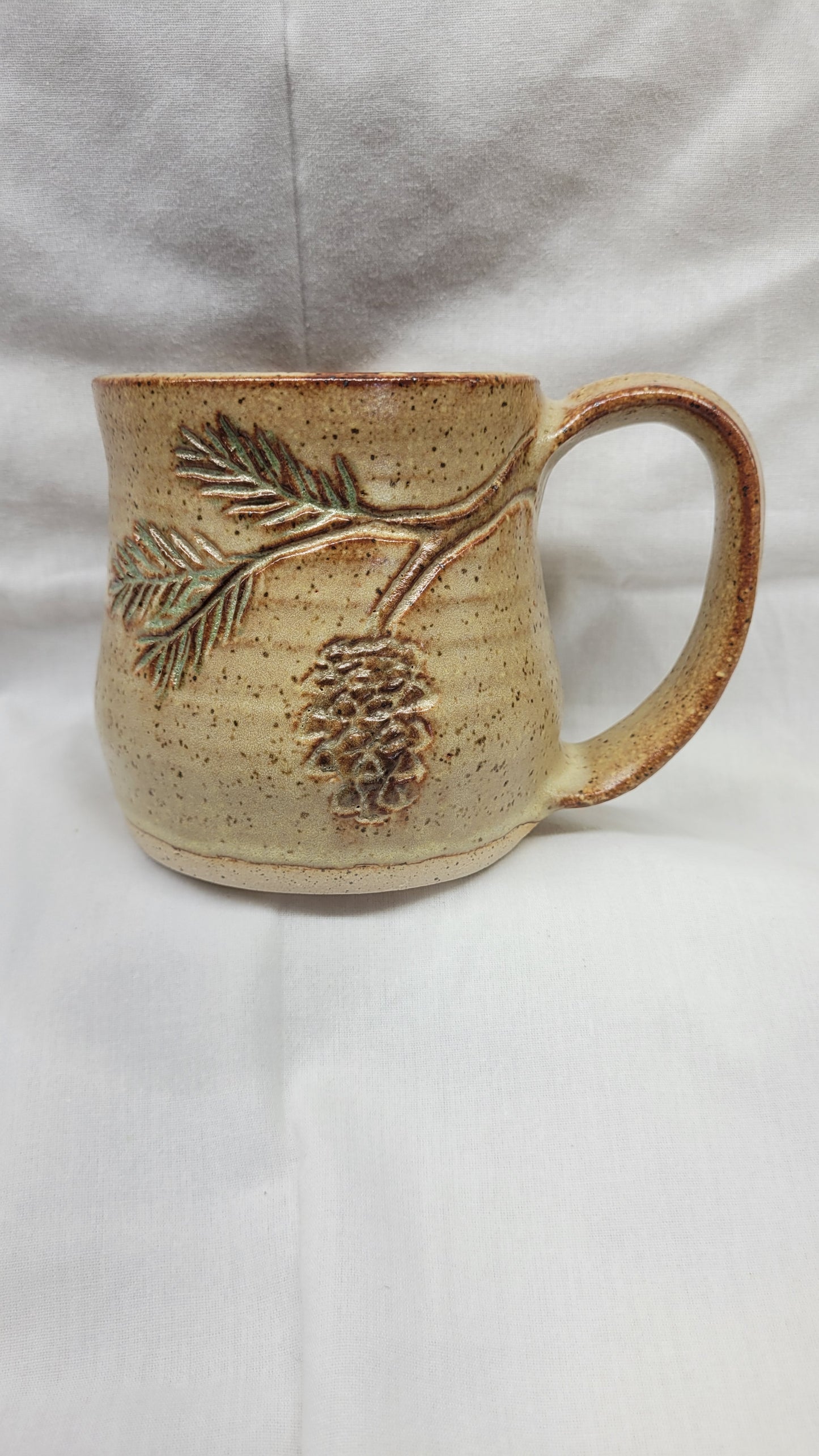 Handcarved Pine Bough Wheelthrown Mug 14oz