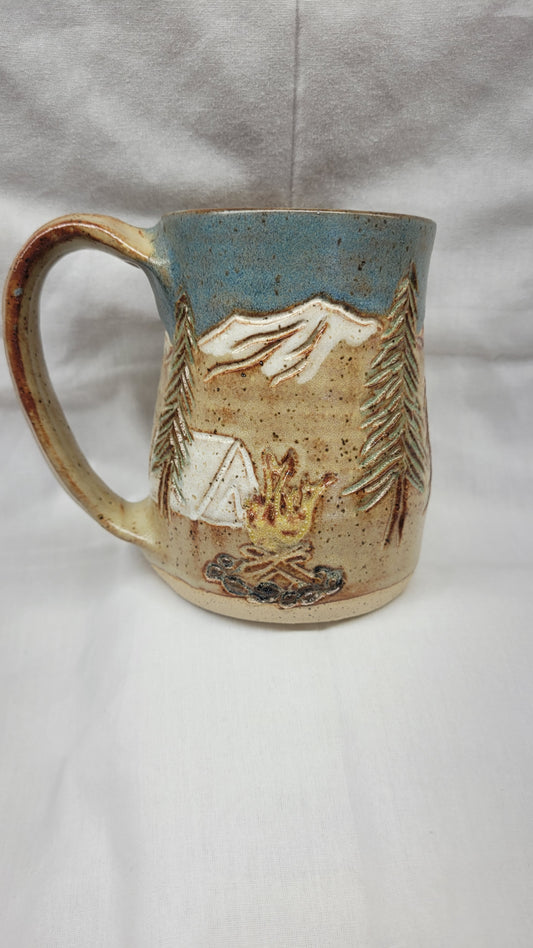 Handcarved Campsite in the Mountains Wheelthrown Mug 16oz