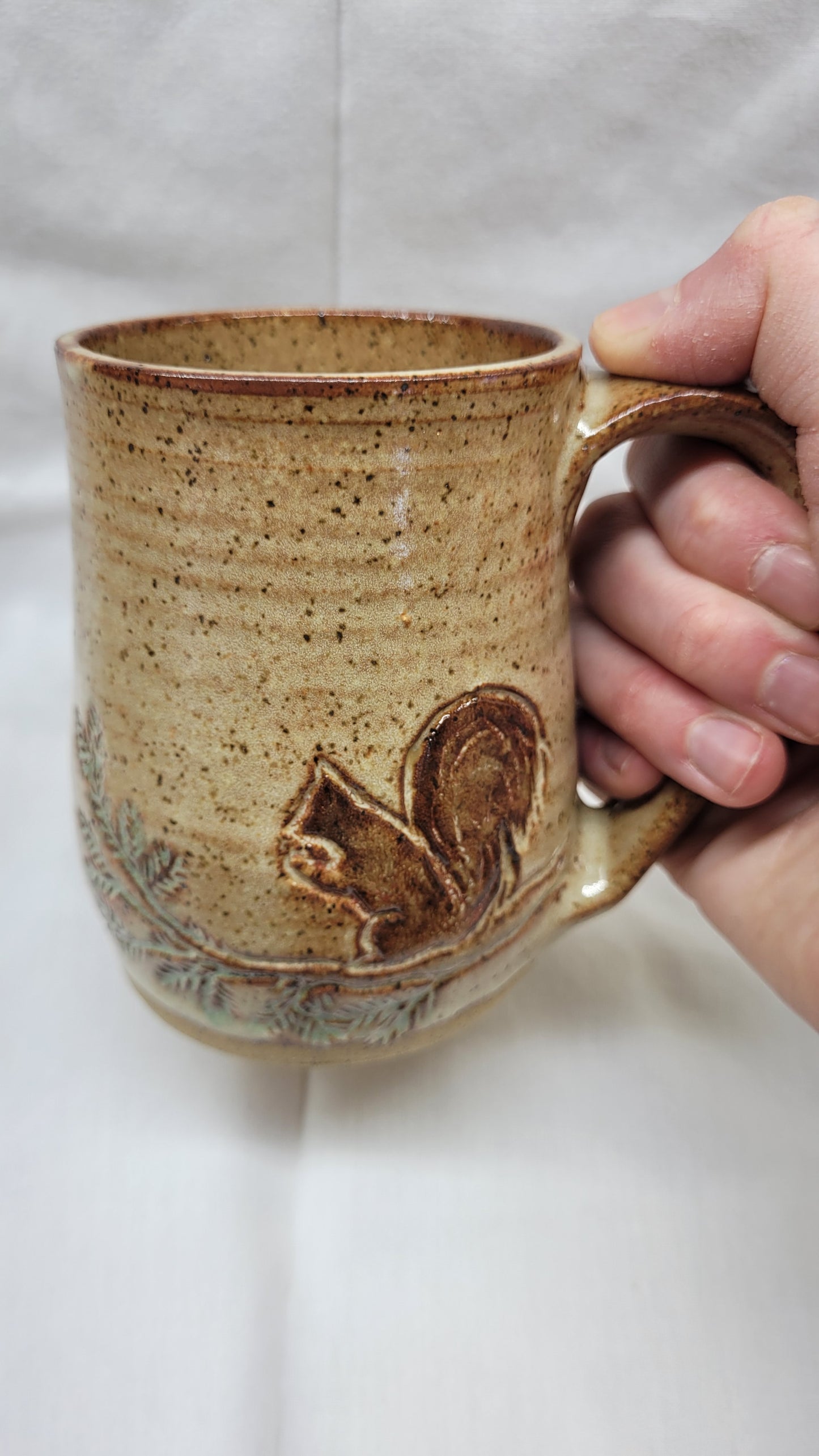 Handcarved Squirrel on a Pine Bough Wheelthrown Mug 12oz