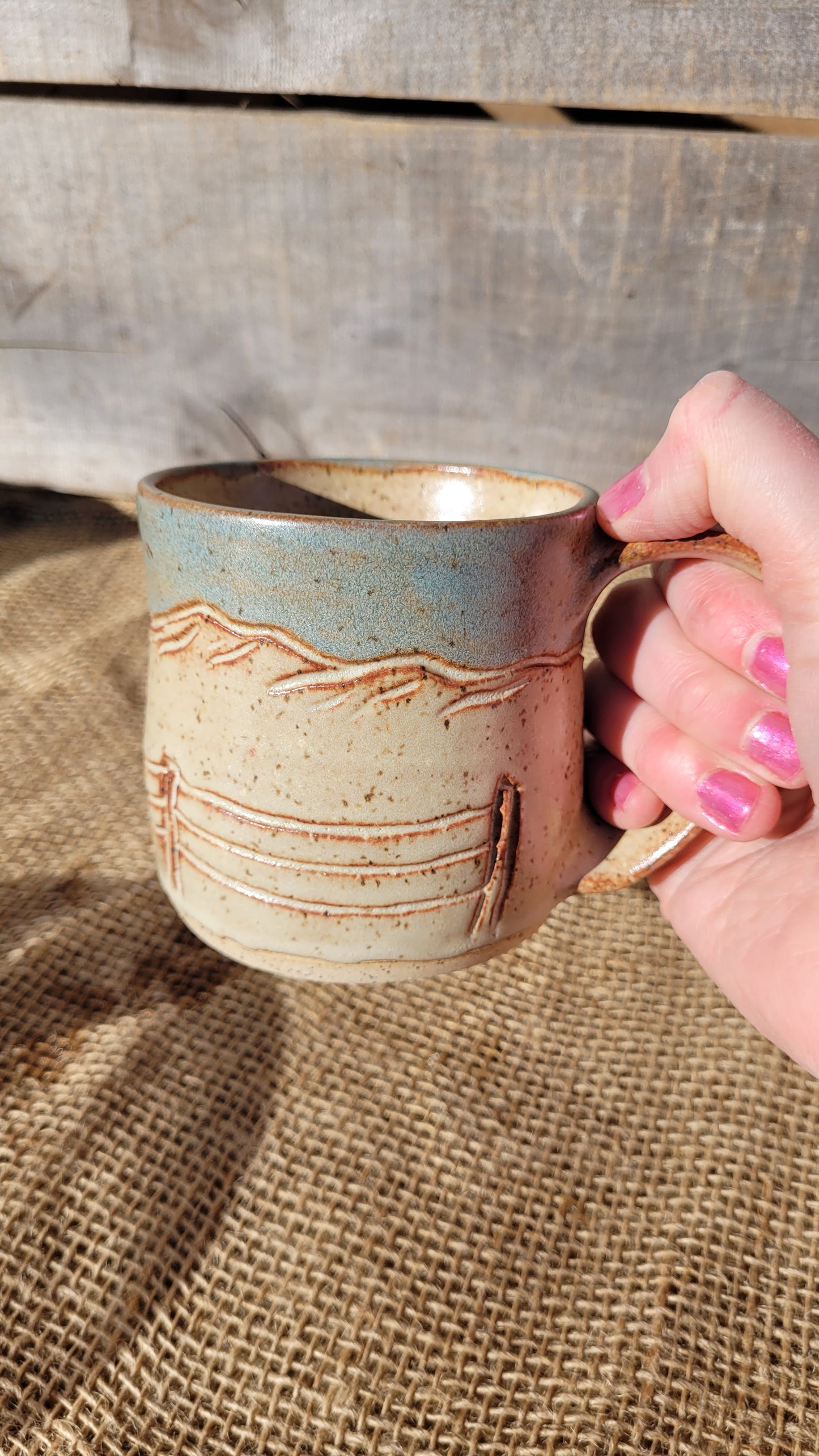 Chai with Sky Handcarved Fence & Mountains Wheelthrown Mug 12oz