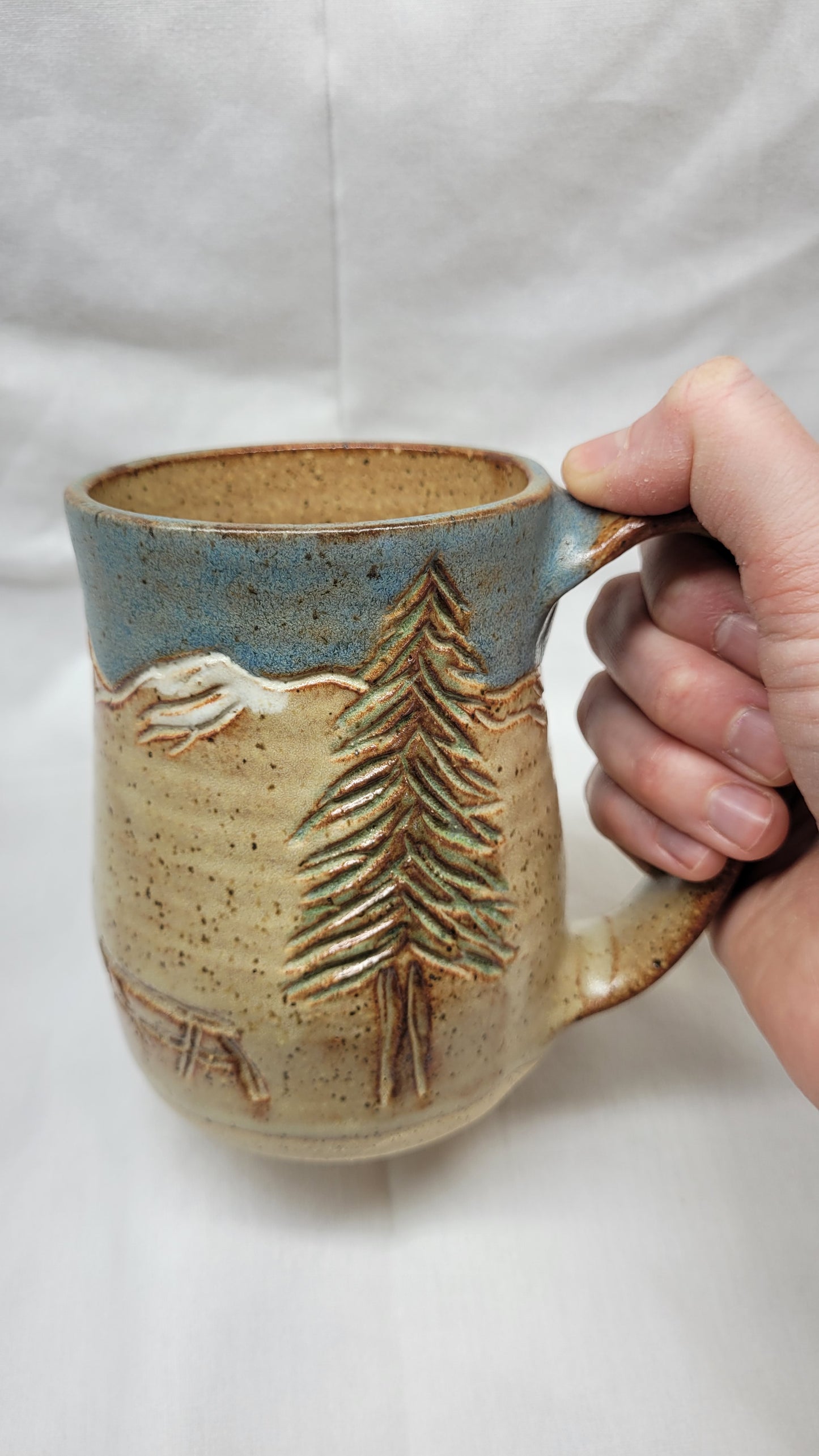 Handcarved Campsite in the Mountains Wheelthrown Mug 16oz