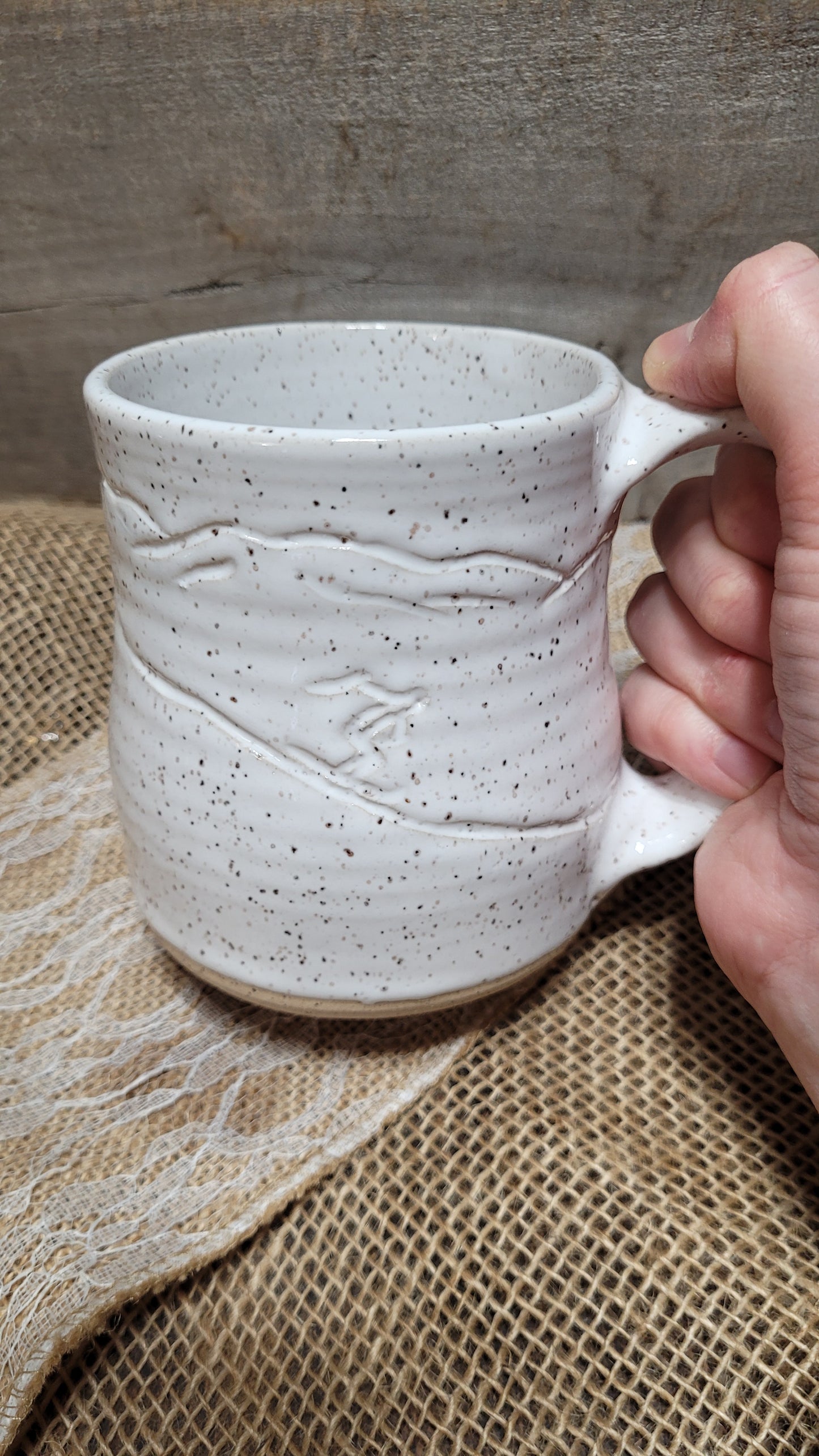 Handcarved White Ski Wheelthrown Mug #2 18oz