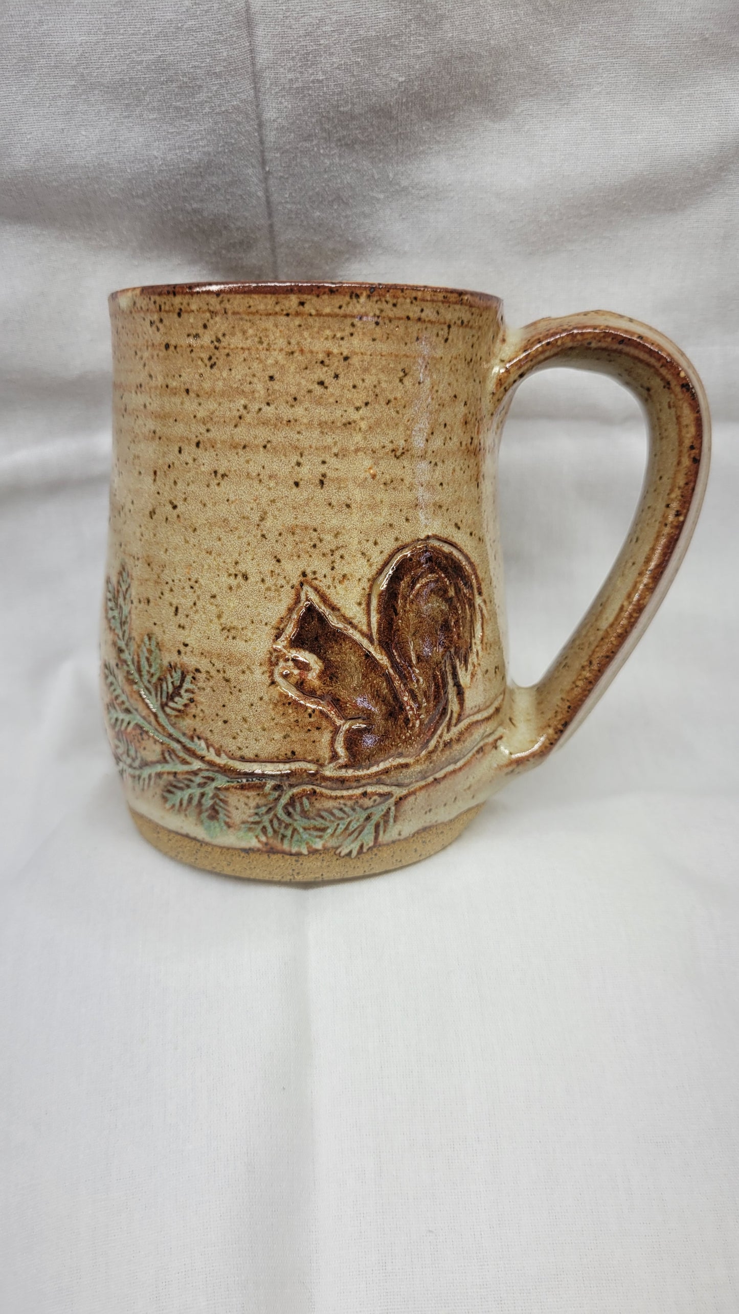 Handcarved Squirrel on a Pine Bough Wheelthrown Mug 12oz