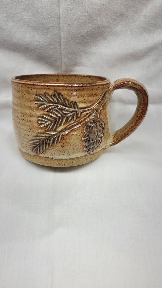 Handcarved Pine Bough Wheelthrown Mug 12oz