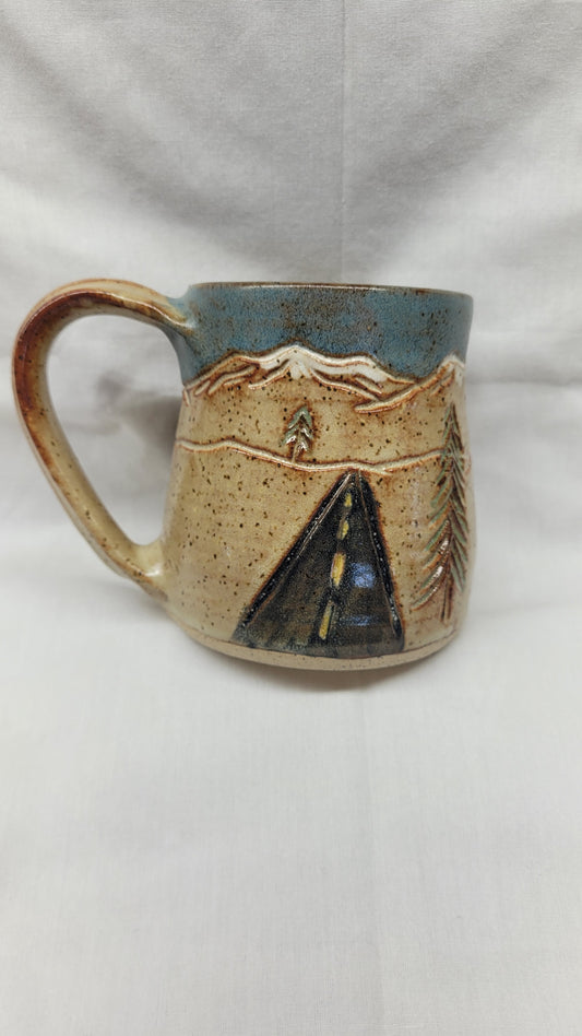 Handcarved Road to the Cabin Wheelthrown Mug 14oz