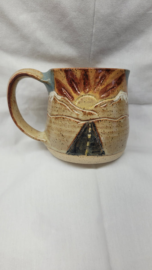 Sunrise and Sunset Road to the Mountains Wheelthrown Mug 14oz