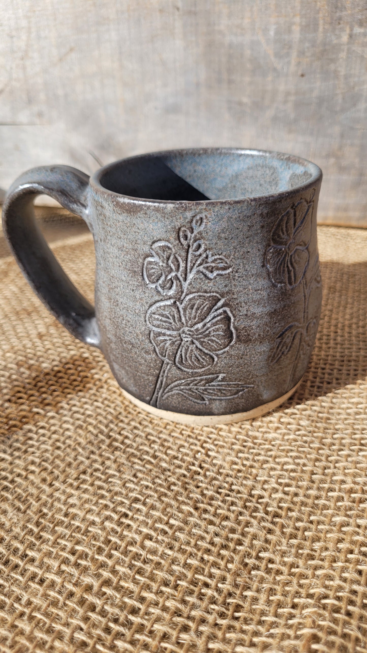 Slate Blue Handcarved Hollyhocks Wheelthrown Mug 14oz