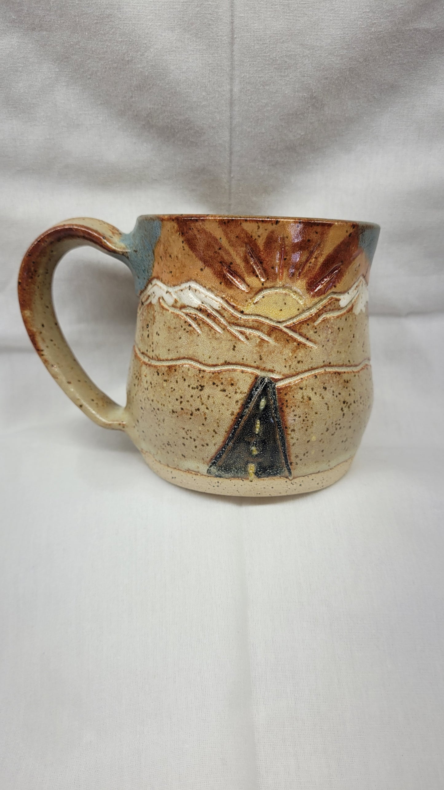 Handcarved Sunrise & Sunset Road to the Mountains Wheelthrown Mug 12oz