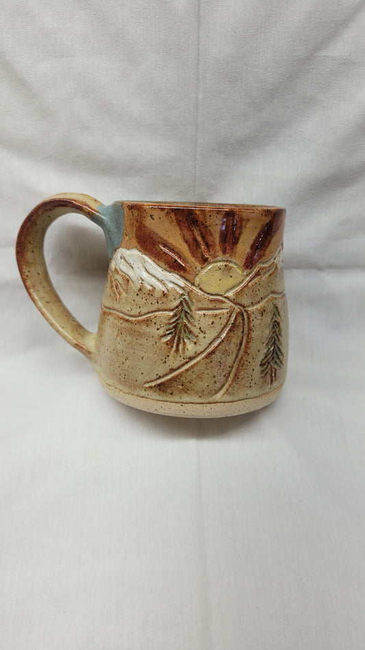 Handcarved Sunset in the Mountains Wheelthrown Mug 14oz