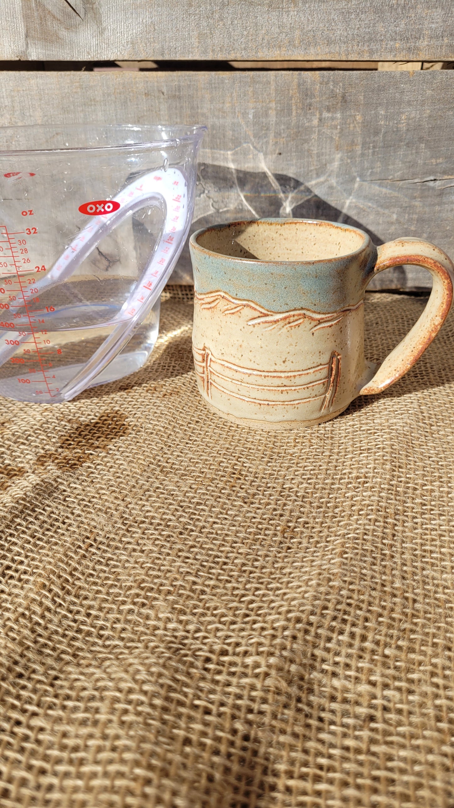 Chai with Sky Handcarved Fence & Mountains Wheelthrown Mug 12oz