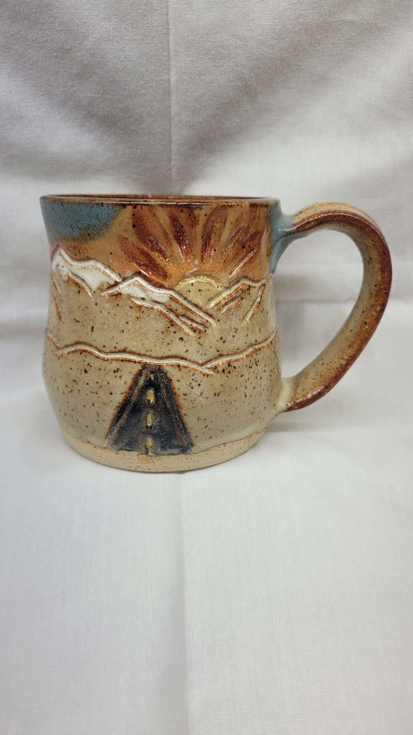 Handcarved Sunrise & Sunset Road to the Mountains Wheelthrown Mug 12oz