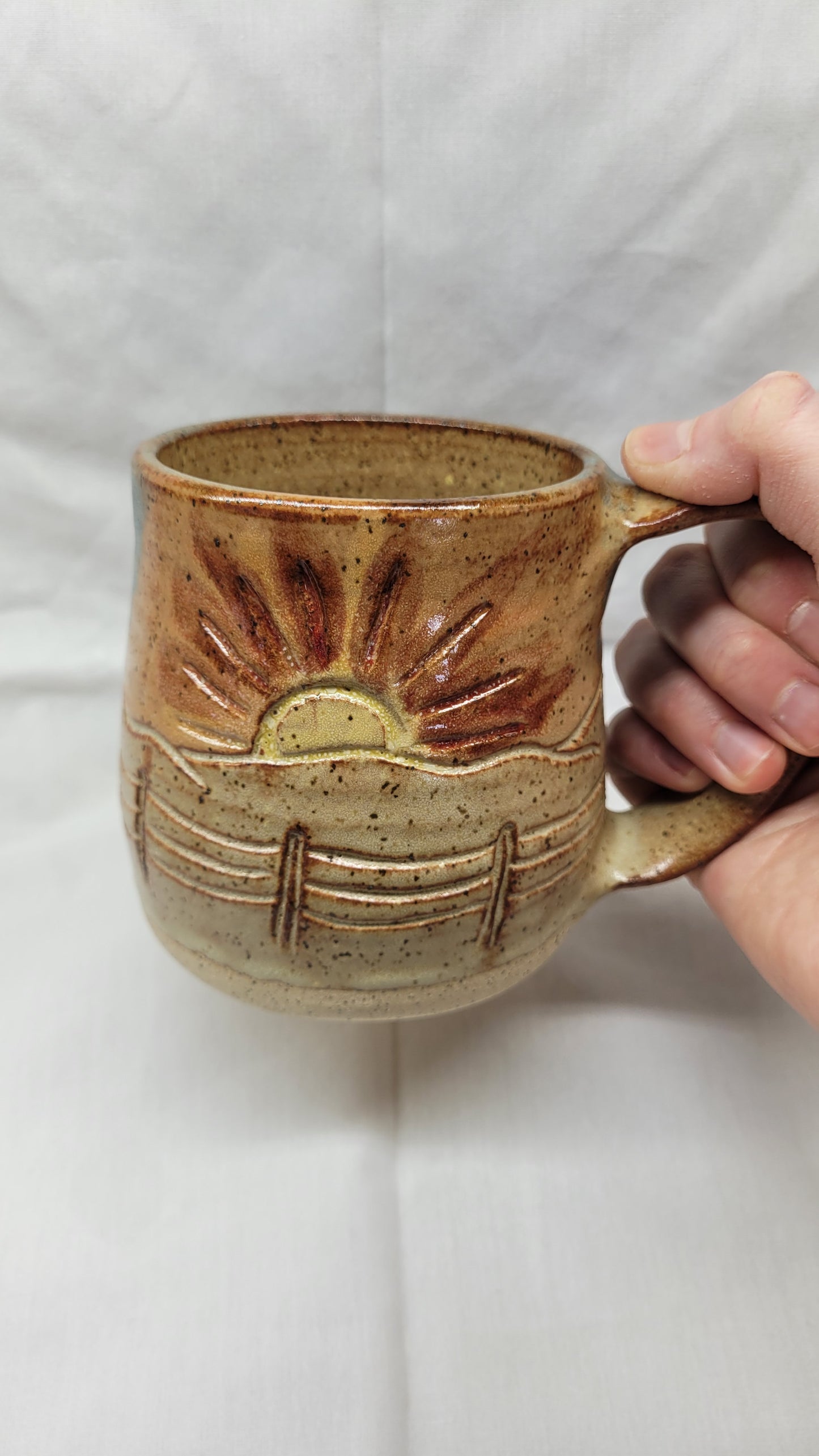 Handcarved Sunset/Sunrise and Tractor Wheelthrown Mug 14oz