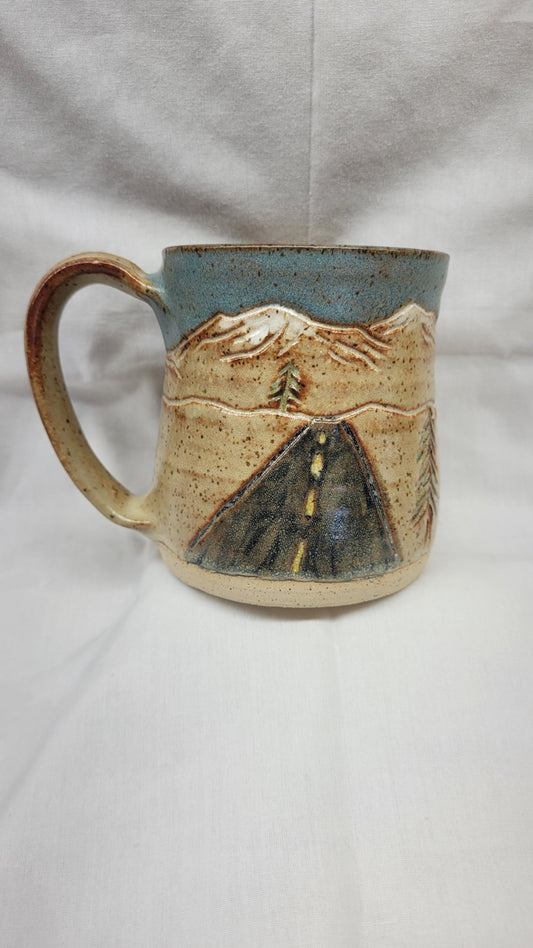 Handcarved Road to the Cabin Wheelthrown Mug 16oz