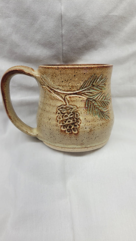 Handcarved Pine Bough Wheelthrown Mug 14oz