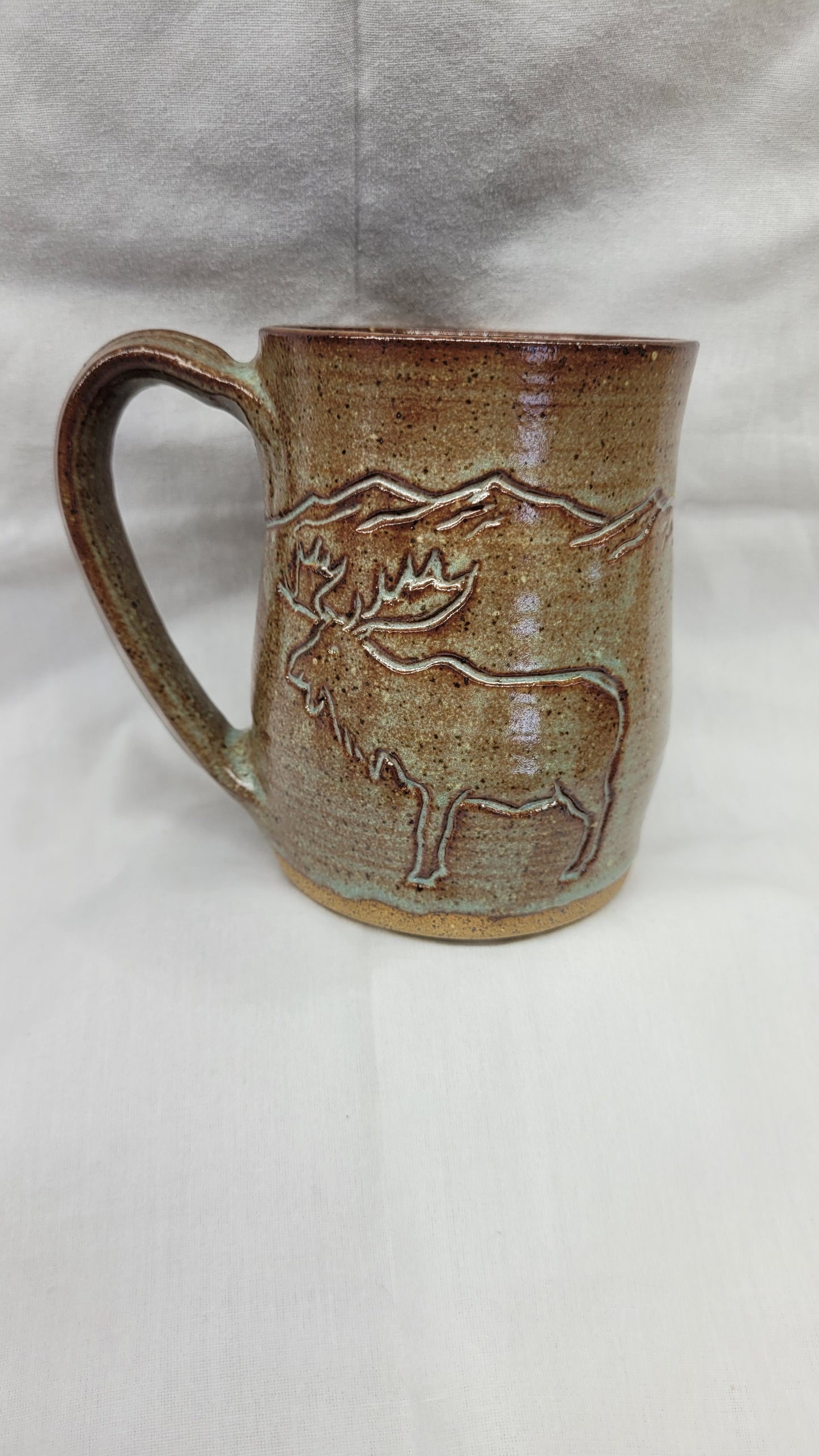 Handcarved Moose in the Mountains Wheelthrown Mug 16oz