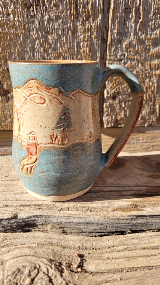 Handcarved Fly Fishing in the Mountains Wheelthrown Mug 20oz
