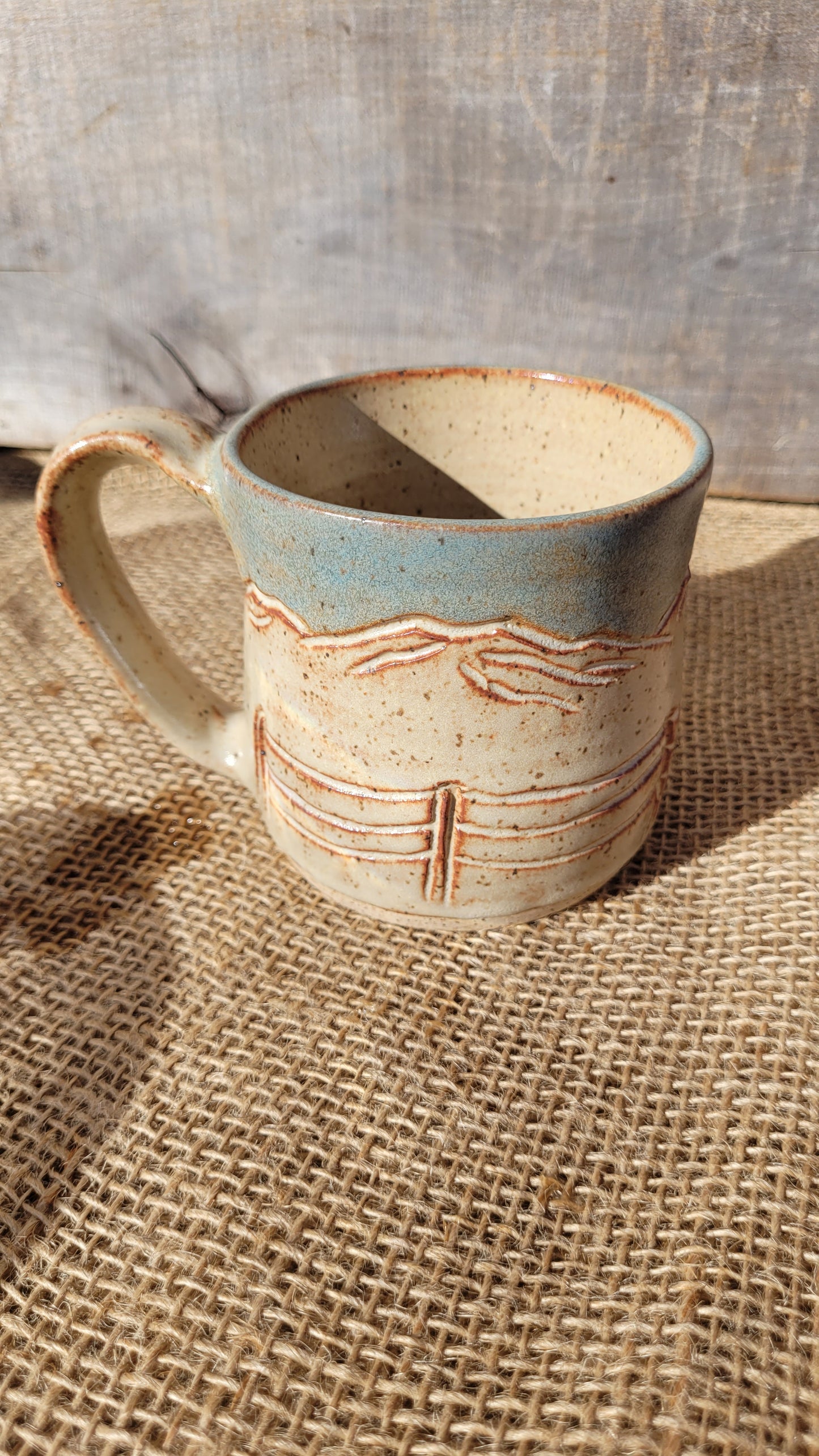 Chai with Sky Handcarved Fence & Mountains Wheelthrown Mug 12oz