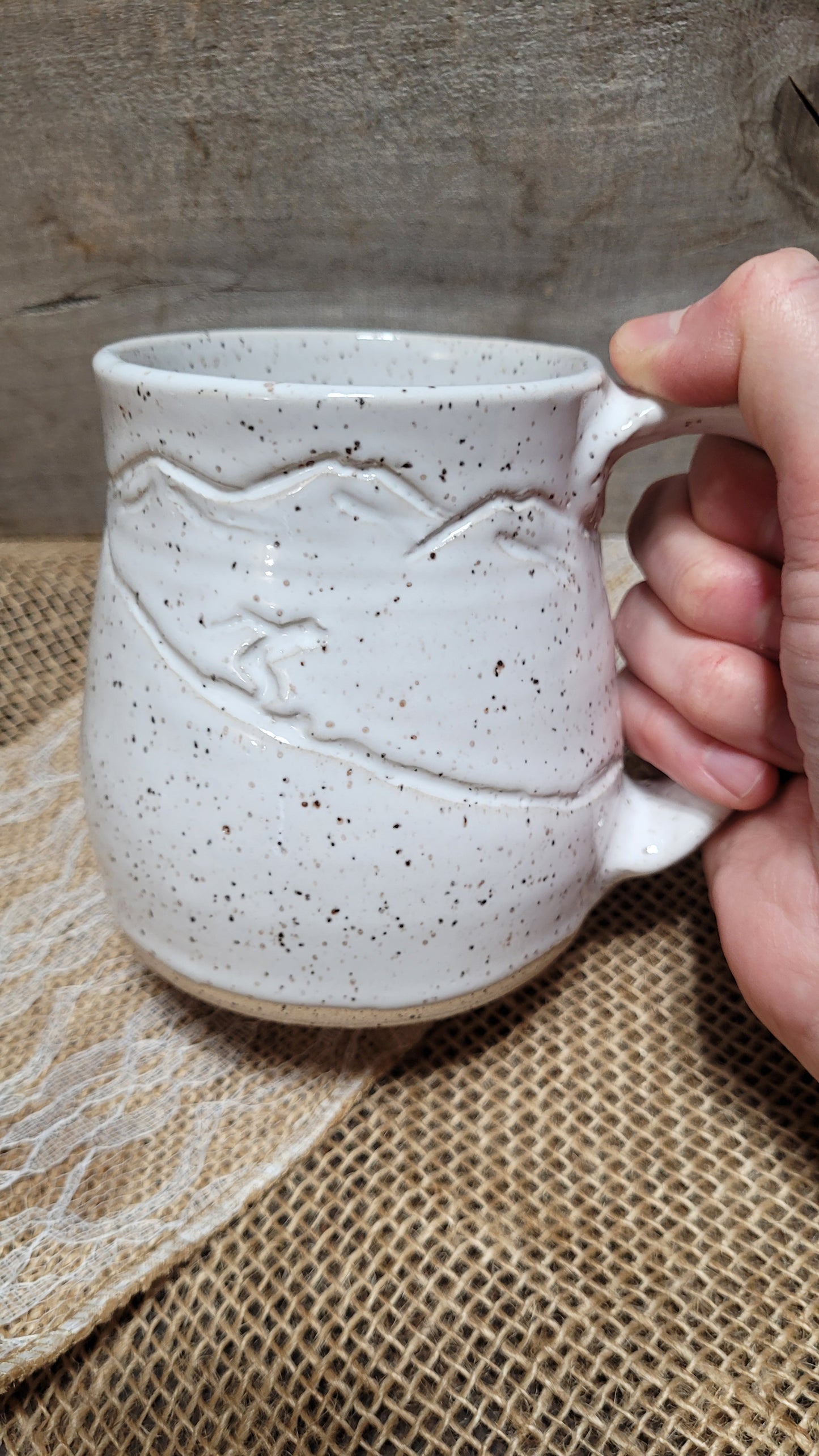 Handcarved White Ski Wheelthrown Mug #1 15oz