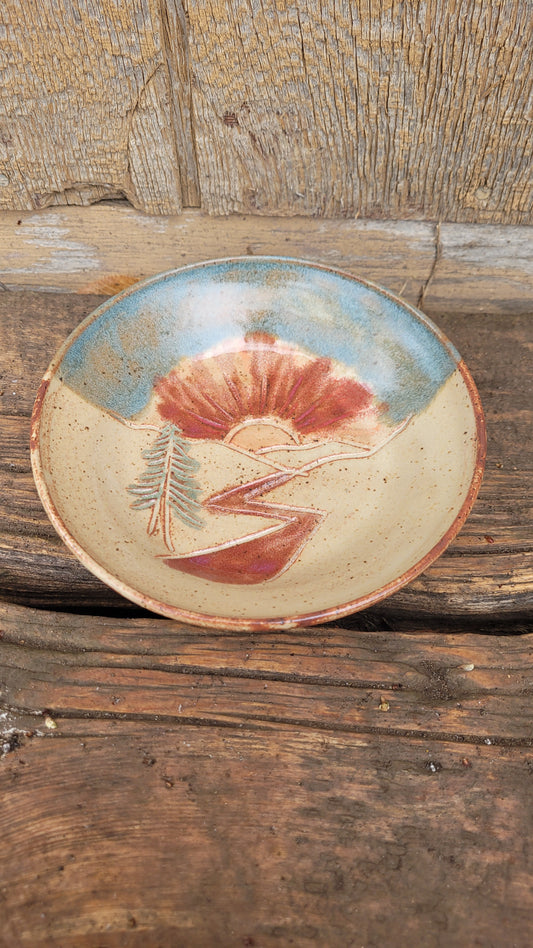 Handcarved Mountain Sunset Small Shallow Wheelthrown Bowl/Snack Plate