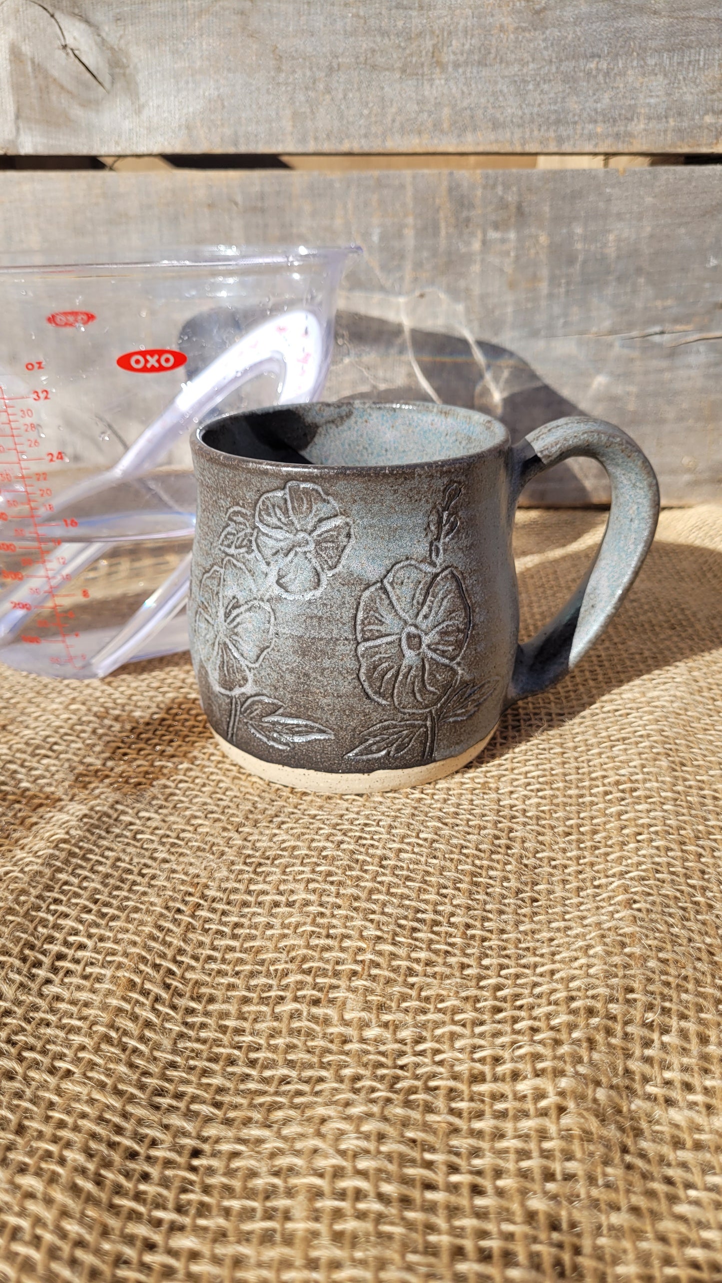 Slate Blue Handcarved Hollyhocks Wheelthrown Mug 14oz