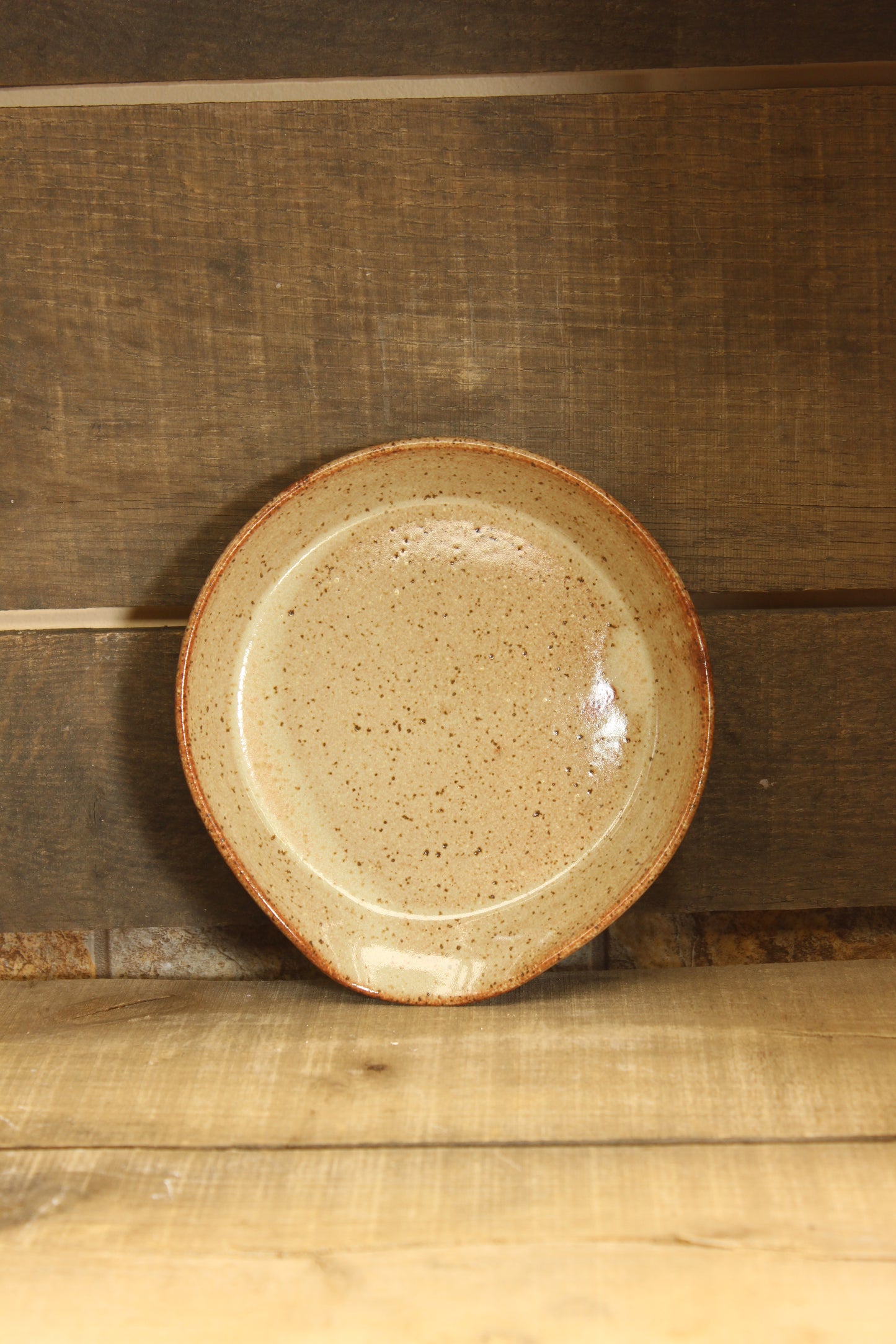 Ceramic plate with brown rim on a wooden surface