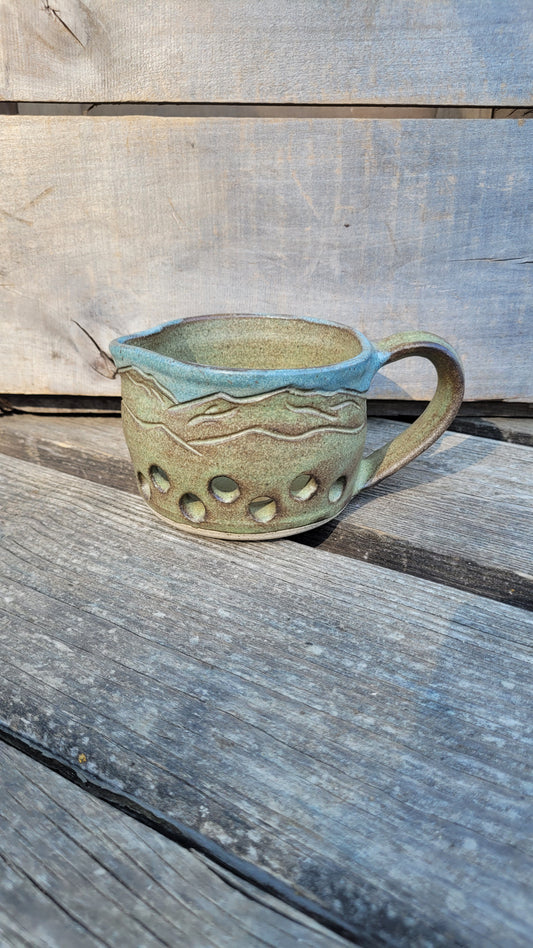 Matte Green and Blue Small Berry Bowl with Spout and Handle