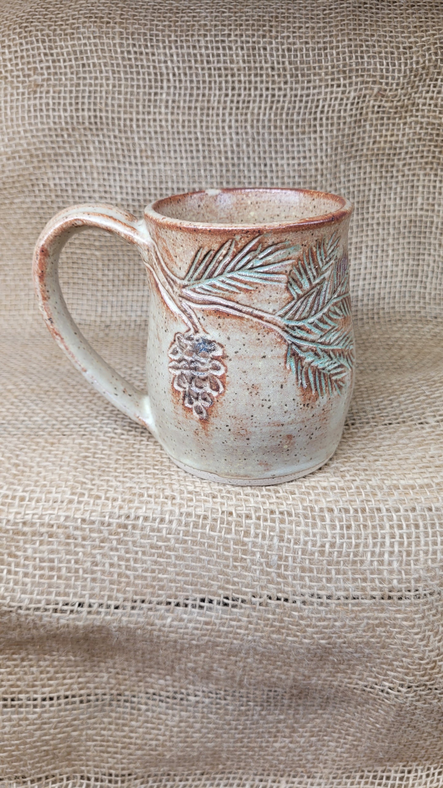 2nd - Handcarved Pine Bough Wheelthrown Mug 14oz #1