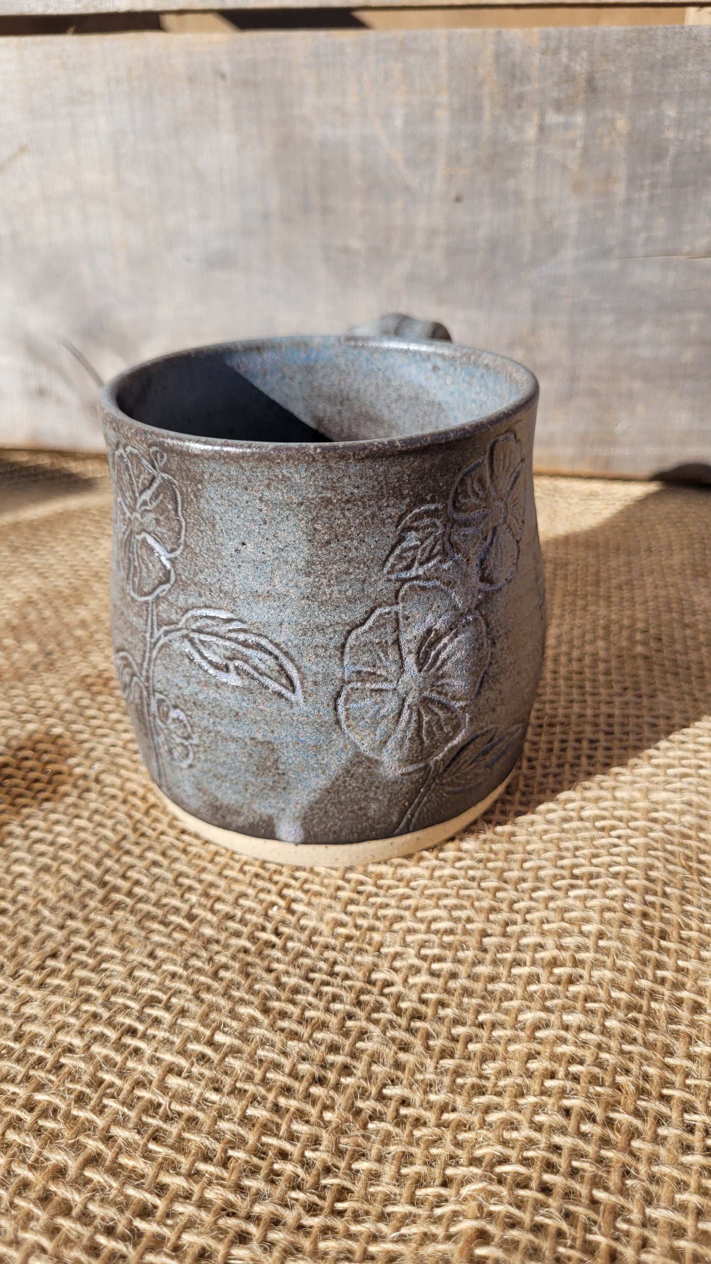 Slate Blue Handcarved Hollyhocks Wheelthrown Mug 14oz