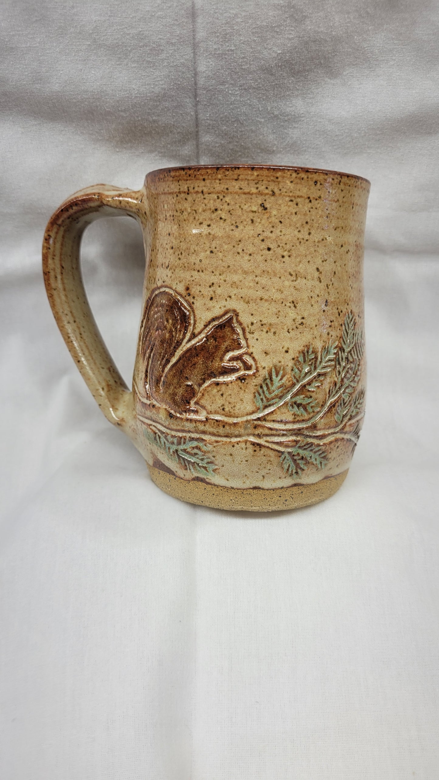 Handcarved Squirrel on a Pine Bough Wheelthrown Mug 12oz