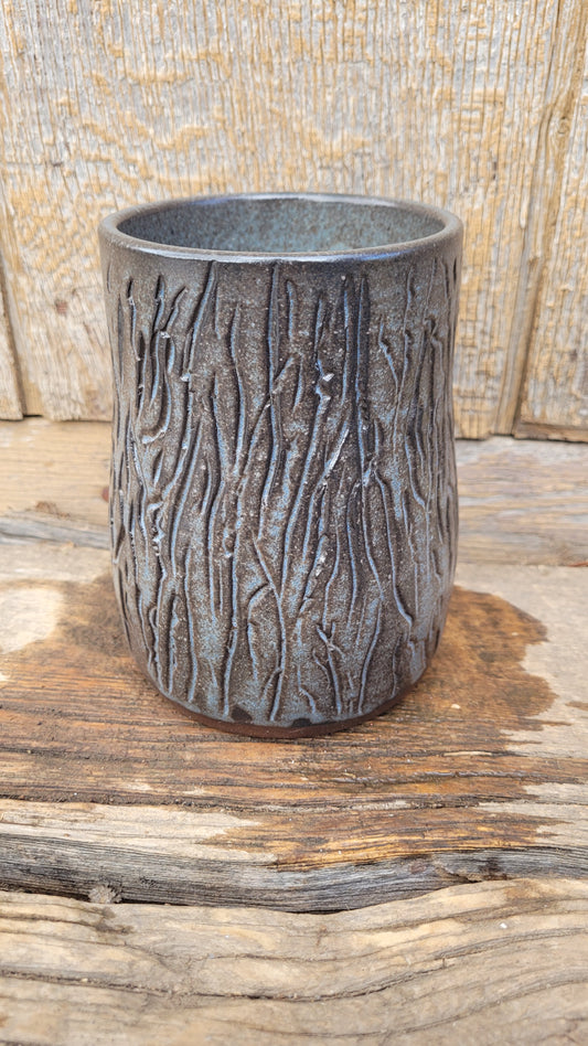 Charcoal with Blue Handcarved Bark Wheelthrown Vase
